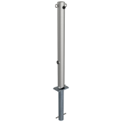Stainless steel post |  76 mm | without decorative ring | foldable, self-engaging lockfor casting in concrete, with hot-dip galvanized groundsocket part-no. 470.60, approx. 400 mm below ground | with triangular locking mechanism acc. with DIN 3223 | with 2 eyelets